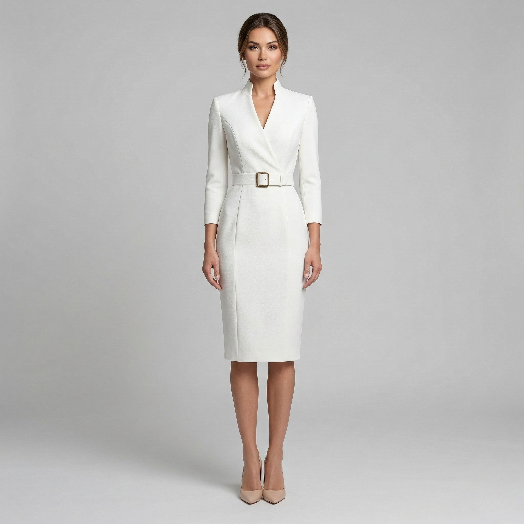Vestido Midi de Corte Etui con Cuello Alto y Mangas 3/4 con Cinturón para Mujer