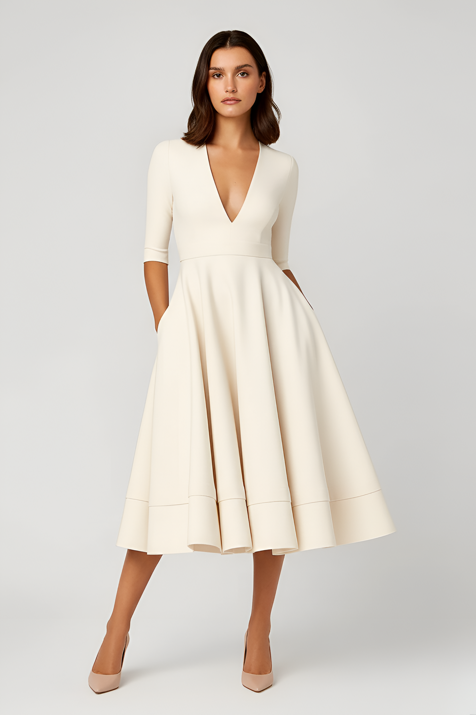 Vestido Midi de Poliéster con Cuello en V y Falda de Corte Evase con Mangas Medias