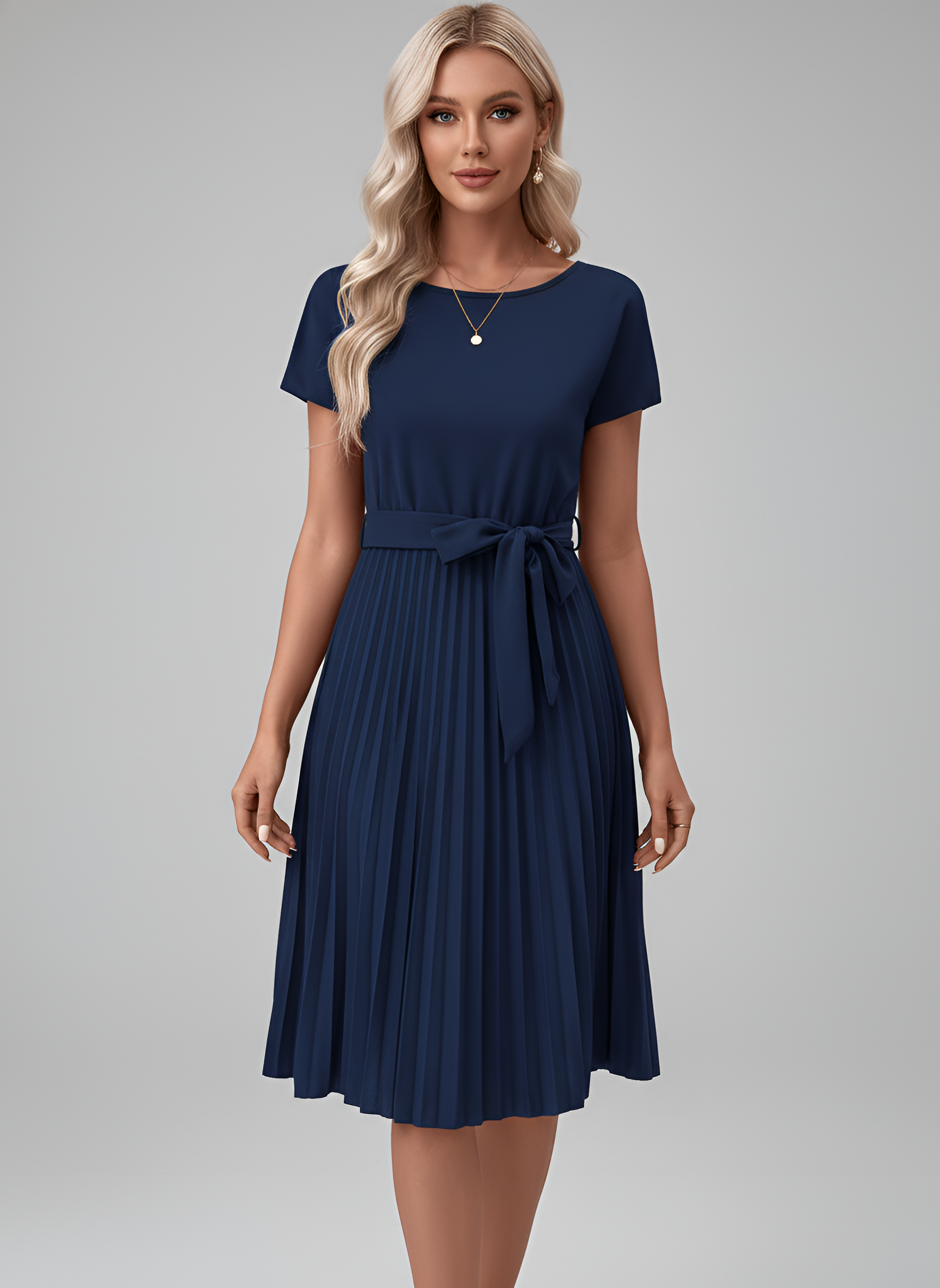 Vestido Midi de Gasa para Mujer con Cinturón y Falda Plisada de Manga Corta