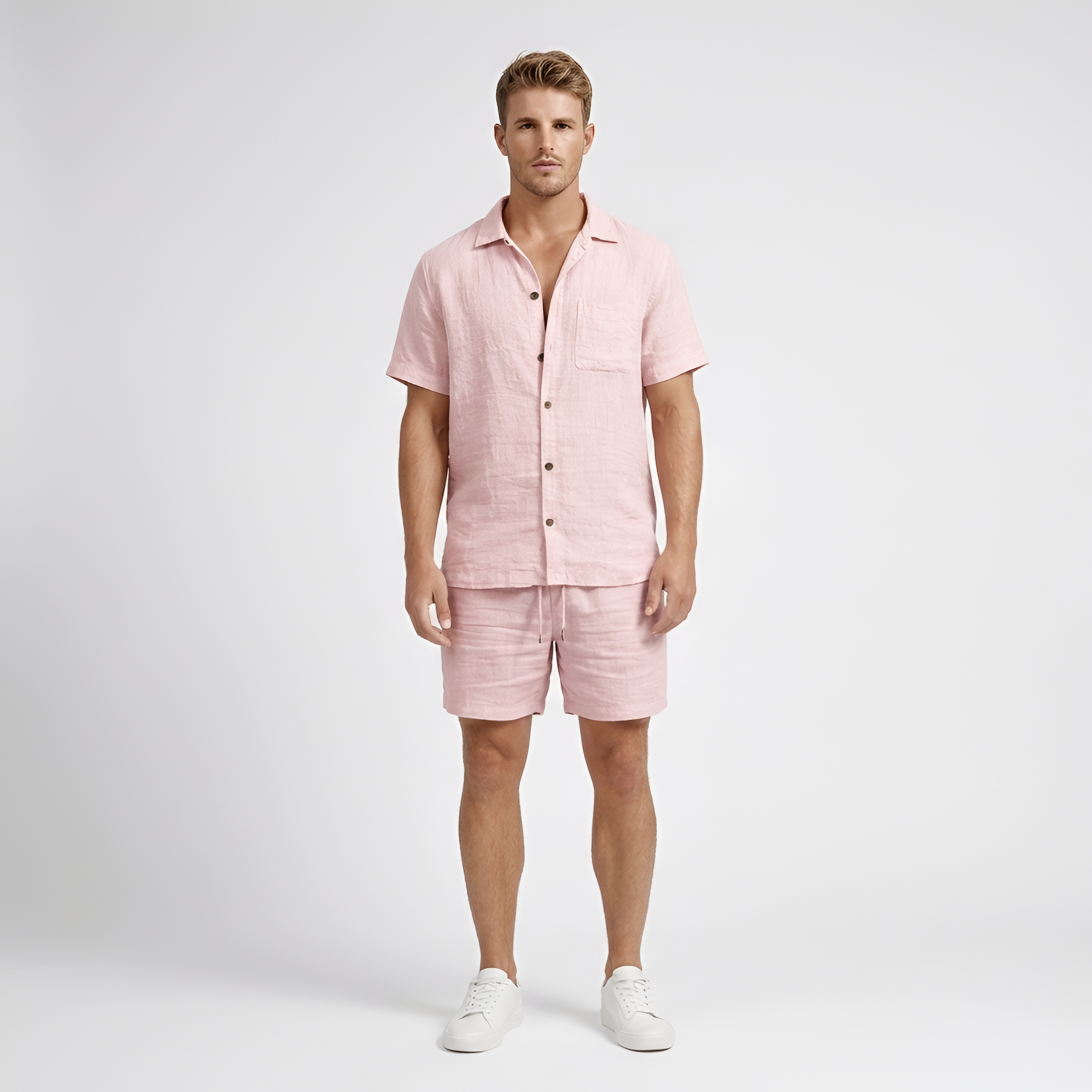 Conjunto Masculino de Lino con Camisa de Botones y Pantalones Cortos Tipo Bermuda