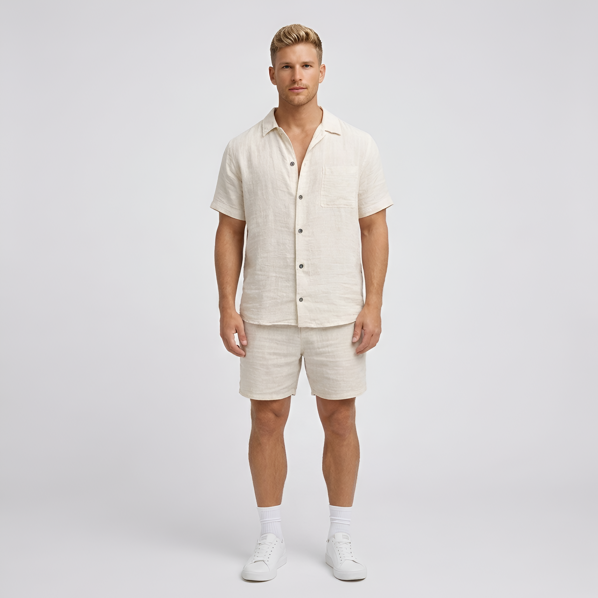 Conjunto Masculino de Lino con Camisa de Botones y Pantalones Cortos Tipo Bermuda