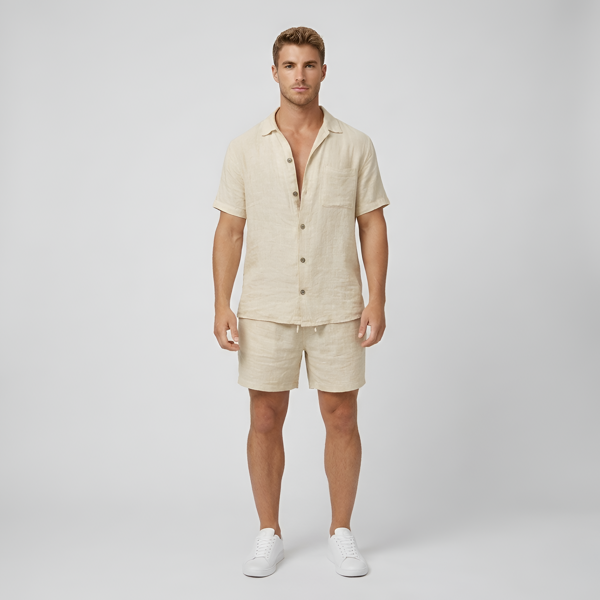 Conjunto Masculino de Lino con Camisa de Botones y Pantalones Cortos Tipo Bermuda