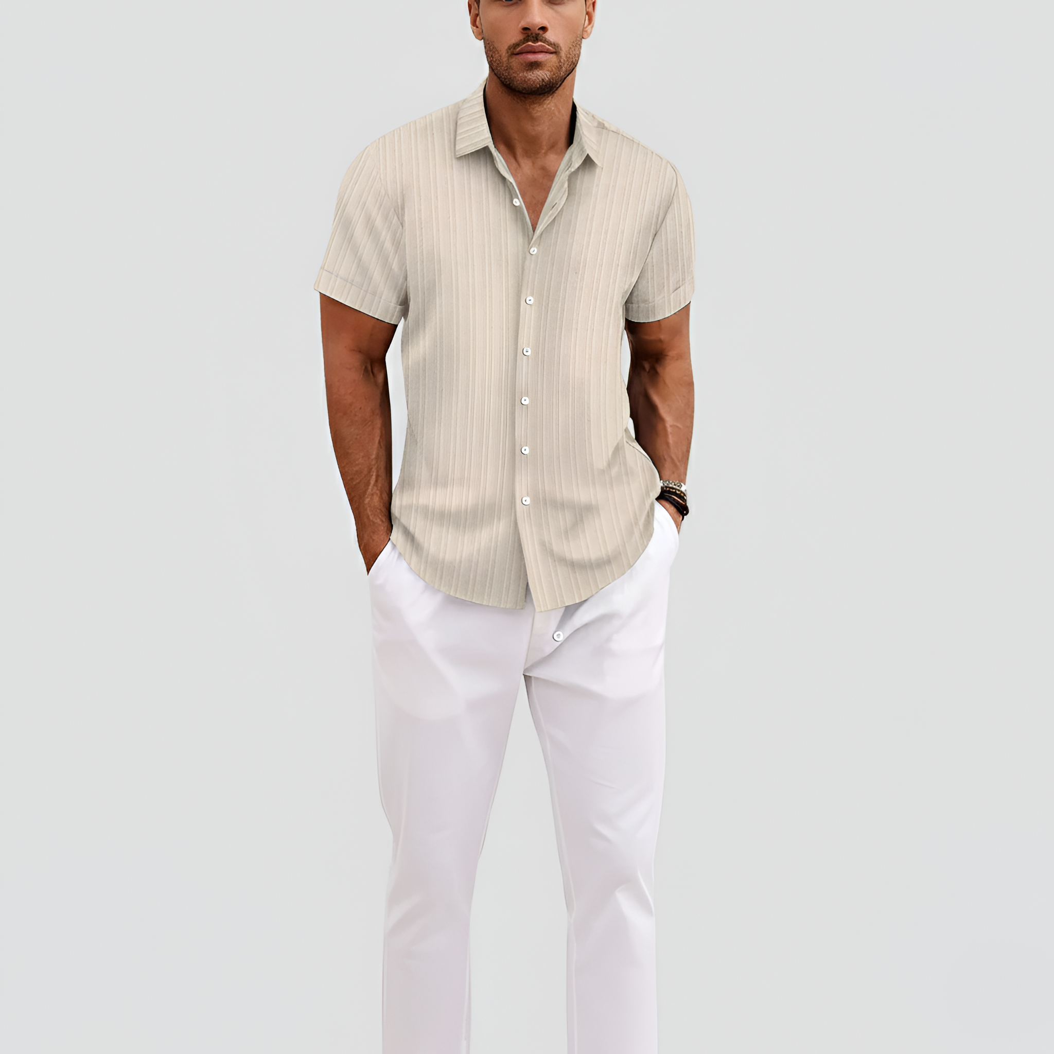 Camisa de Mezcla de Algodón para Hombre de Manga Corta con Cuello y Botones
