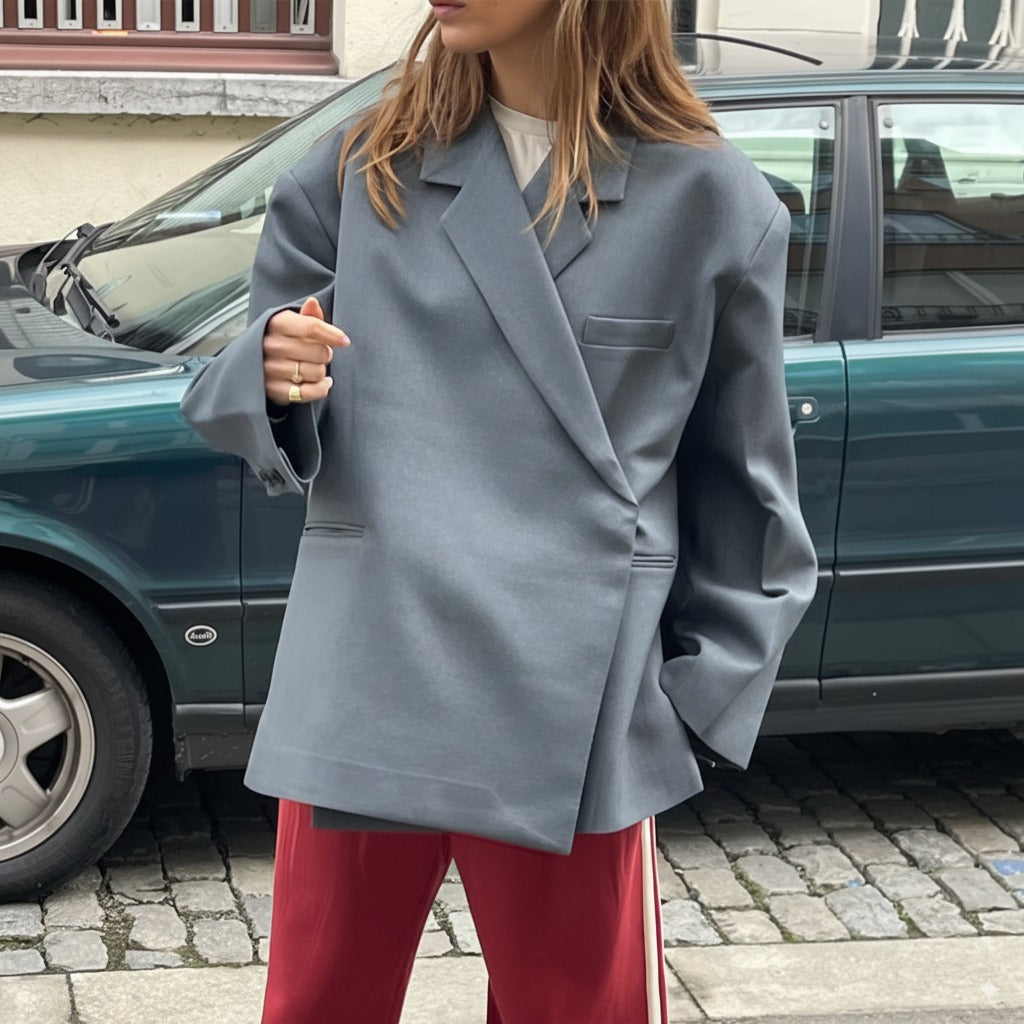 Blazer Oversize para Mujer con Solapa de Muesca y Mangas Largas Botonadas