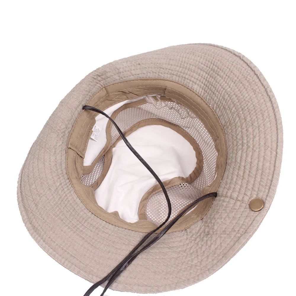 Cappello a secchiello unisex in cotone con rete traspirante per il sole, ideale per viaggi.