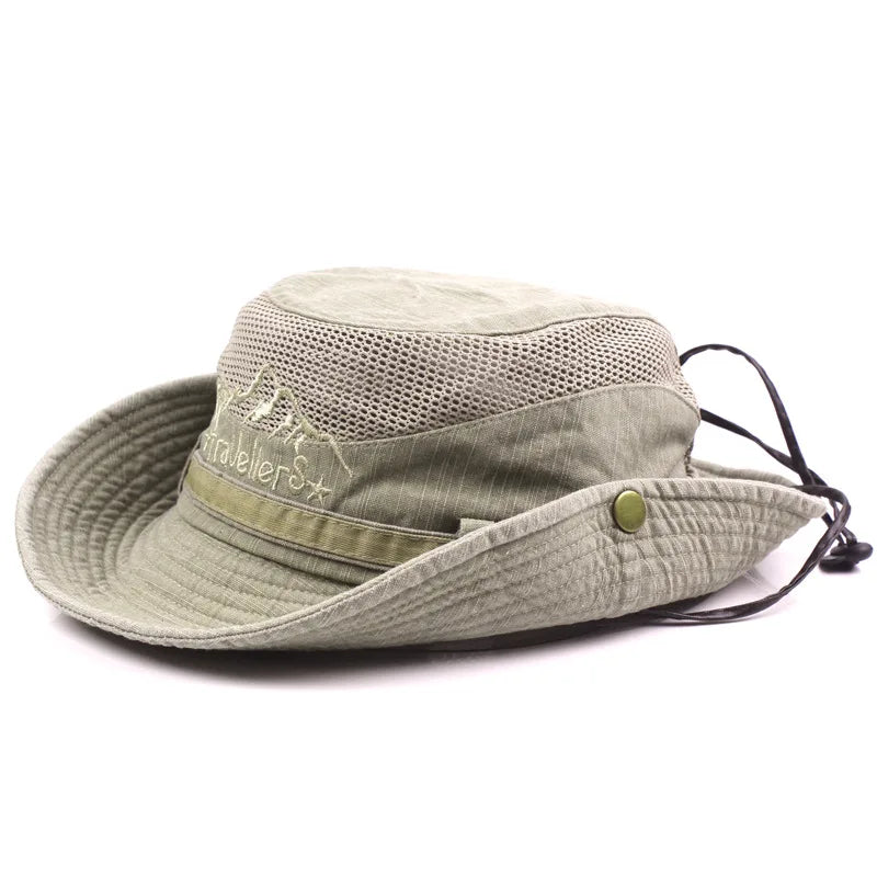Pălărie tip bucket unisex din bumbac cu plasă respirabilă pentru călătorii