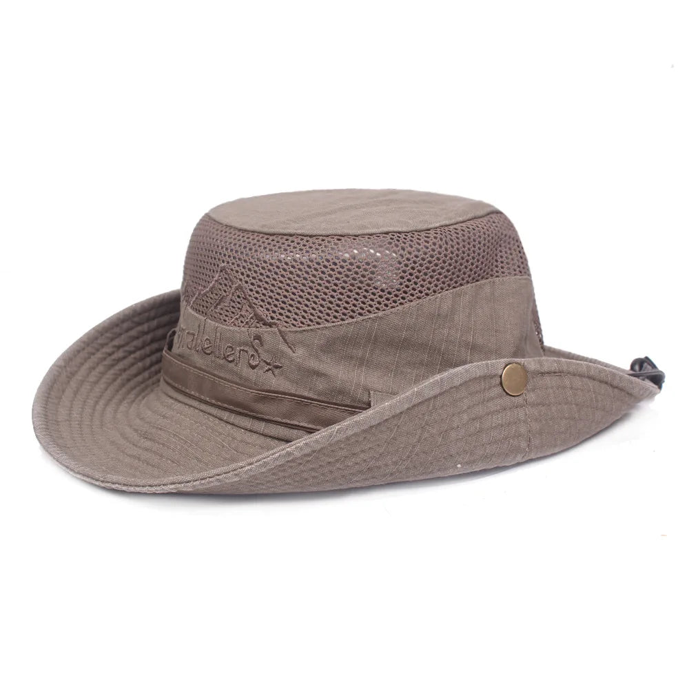 Pălărie tip bucket unisex din bumbac cu plasă respirabilă pentru călătorii