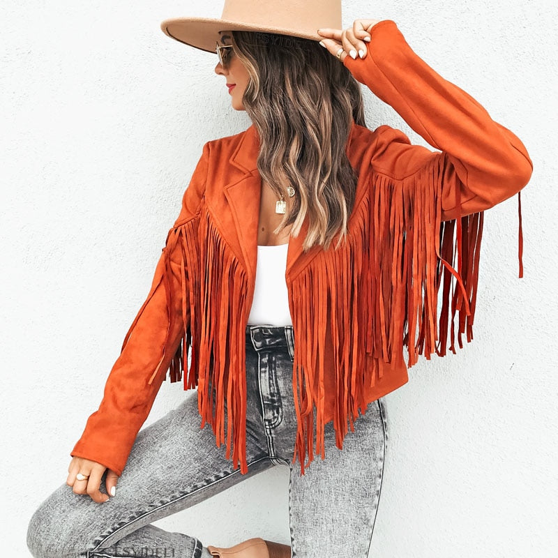 Chaqueta de Antelina con Flecos Estilo Western y Corte Cropped para Mujer