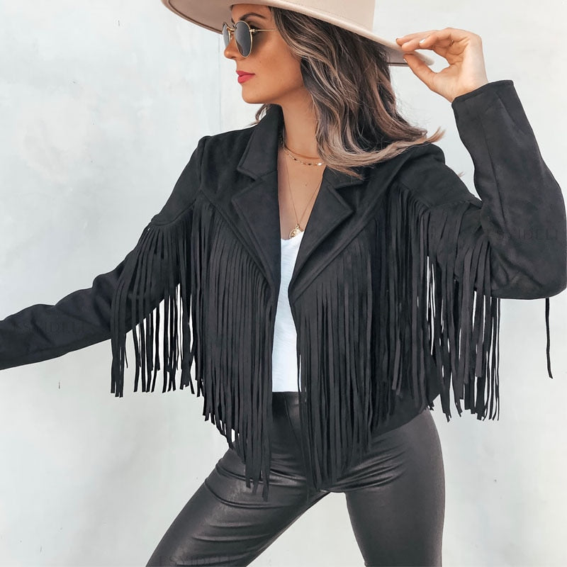 Giacca in Scamosciato con Frange in Stile Western e Taglio Corto per Donna