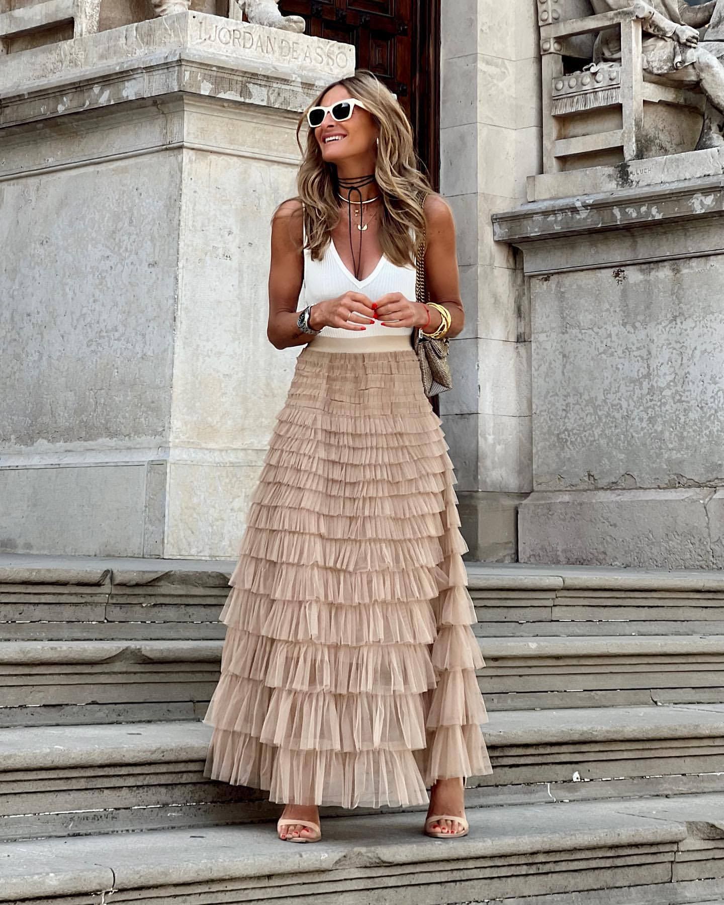 Falda Maxi de Tul con Cintura Elástica y Diseño de Varias Capas para Mujer