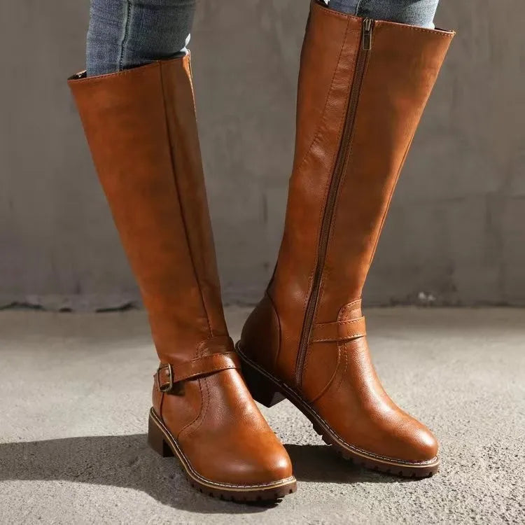 Botas Altas de Cuero para Mujer con Hebilla y Cremallera Lateral