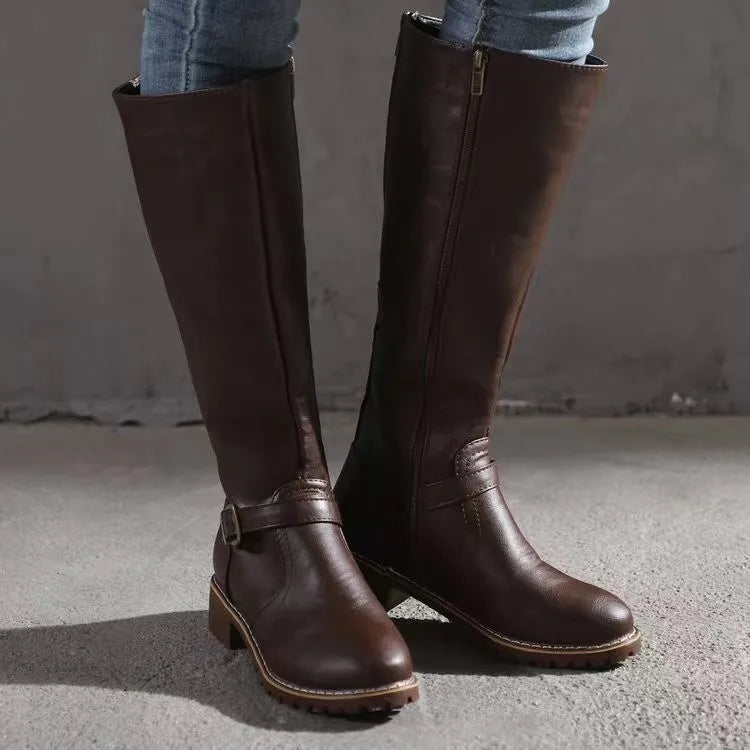 Botas Altas de Cuero para Mujer con Hebilla y Cremallera Lateral