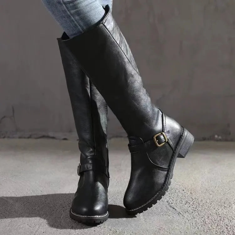 Botas Altas de Cuero para Mujer con Hebilla y Cremallera Lateral