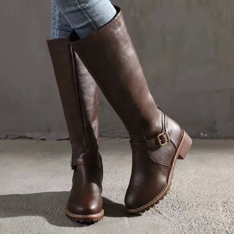 Botas Altas de Cuero para Mujer con Hebilla y Cremallera Lateral