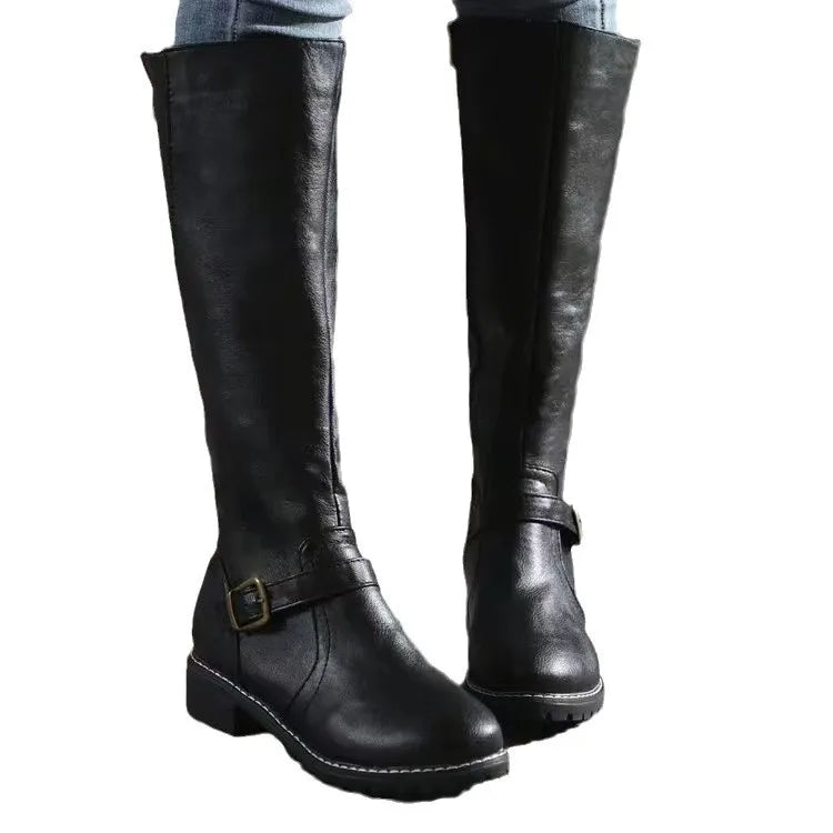 Botas Altas de Cuero para Mujer con Hebilla y Cremallera Lateral