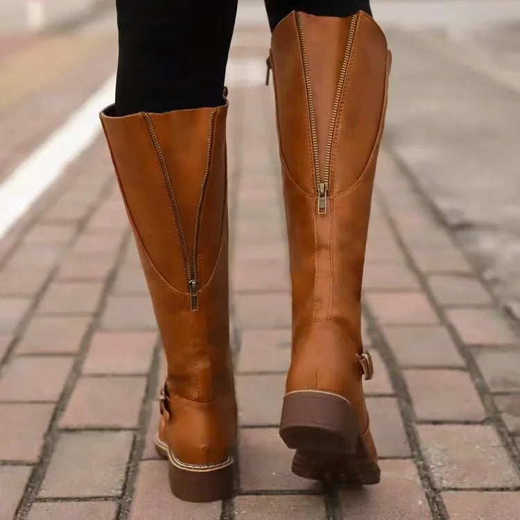 Botas Altas de Cuero para Mujer con Hebilla y Cremallera Lateral