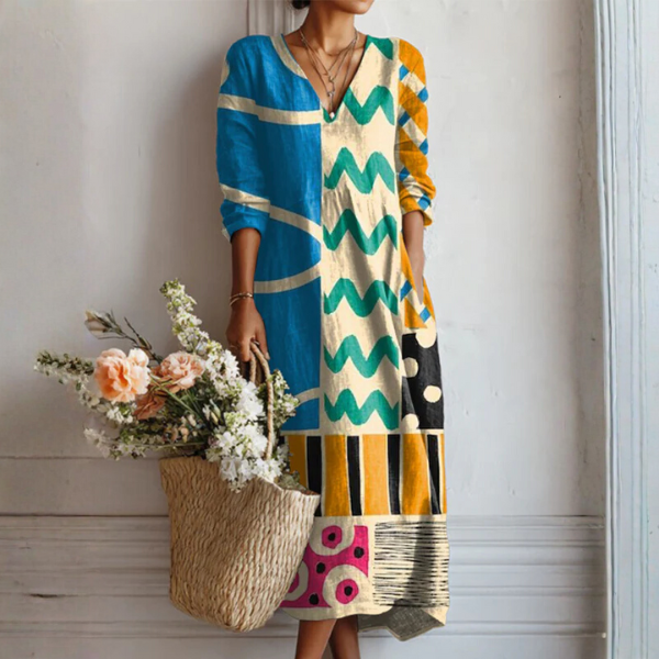 Vestido Largo para Mujer con Escote en V y Estampado de Arte Abstracto Retro