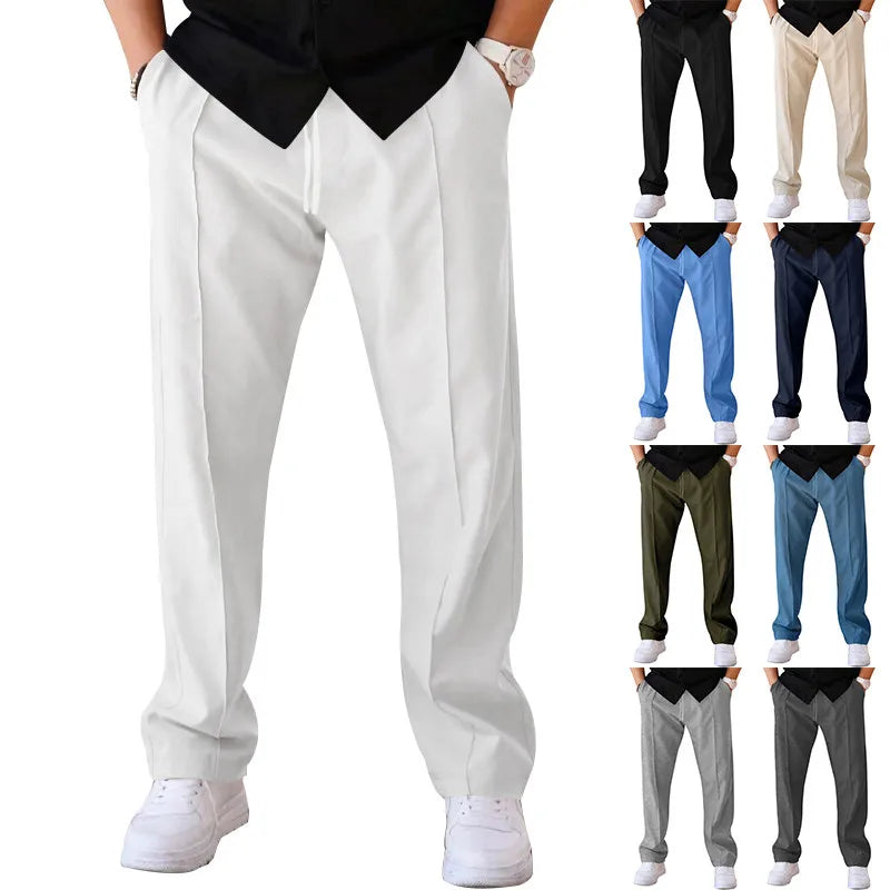 Men's pants with flexible fit, elastic waistband, and drawstring