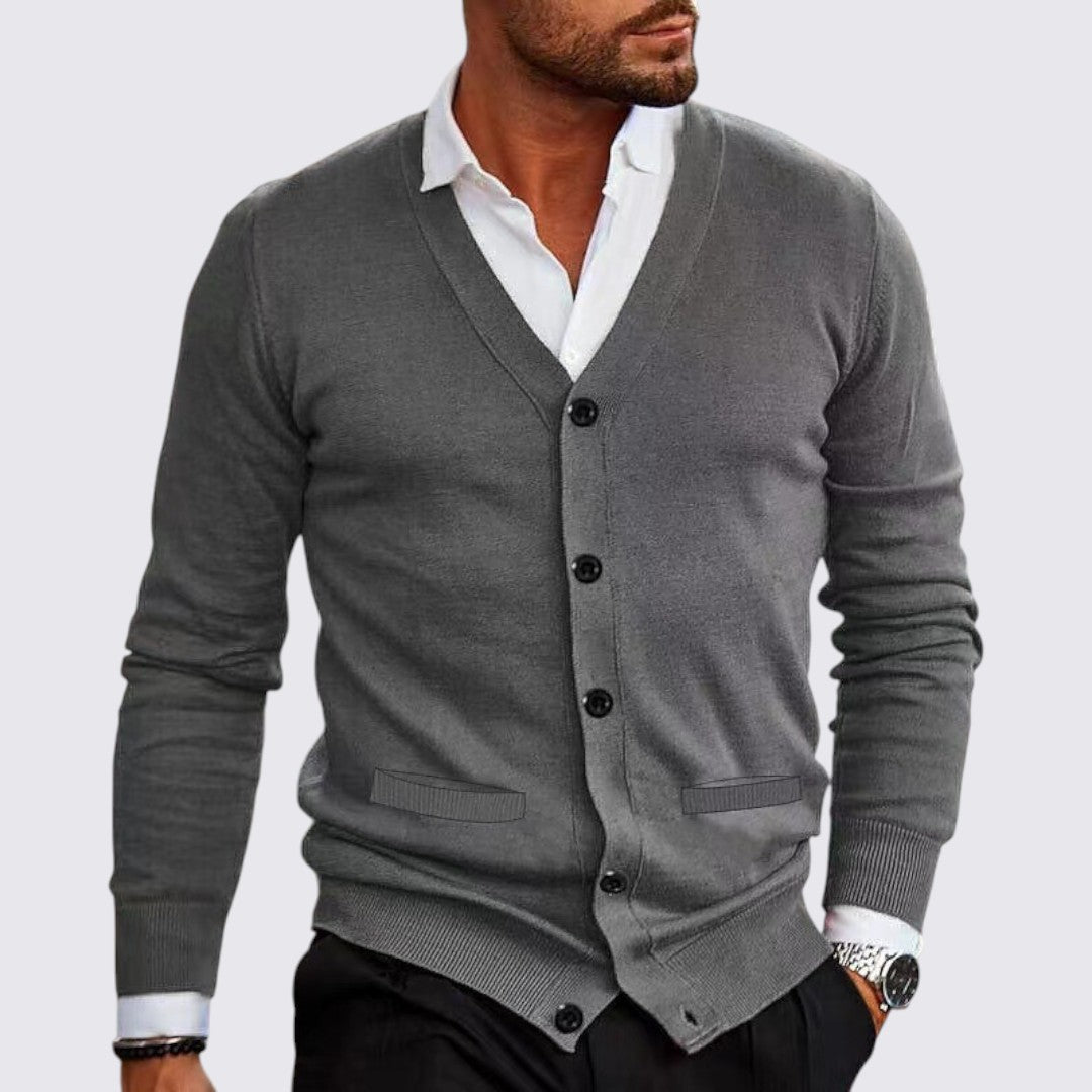 Chaqueta de punto para hombre con cuello en V y cierre de botones corte entallado