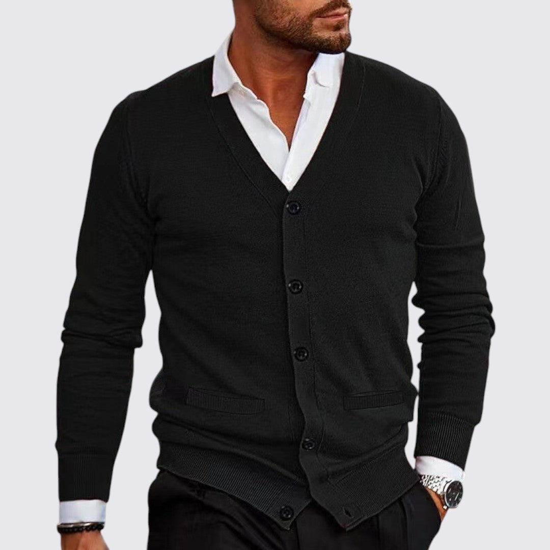 Chaqueta de punto para hombre con cuello en V y cierre de botones corte entallado