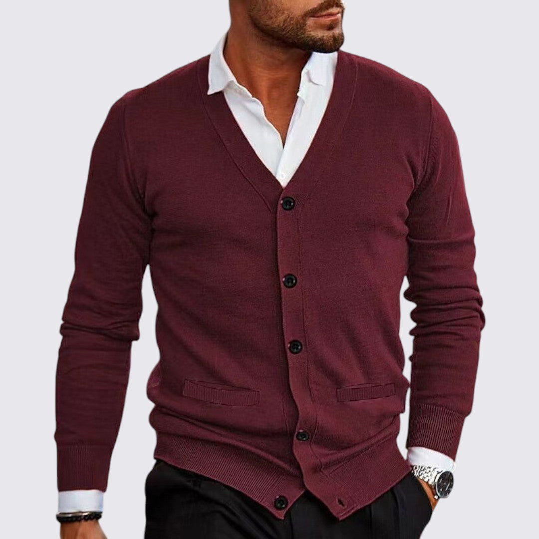 Chaqueta de punto para hombre con cuello en V y cierre de botones corte entallado