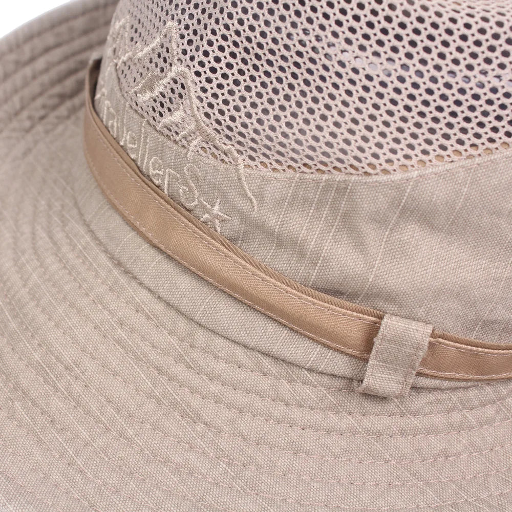 Cappello a secchiello unisex in cotone con rete traspirante per il sole, ideale per viaggi.