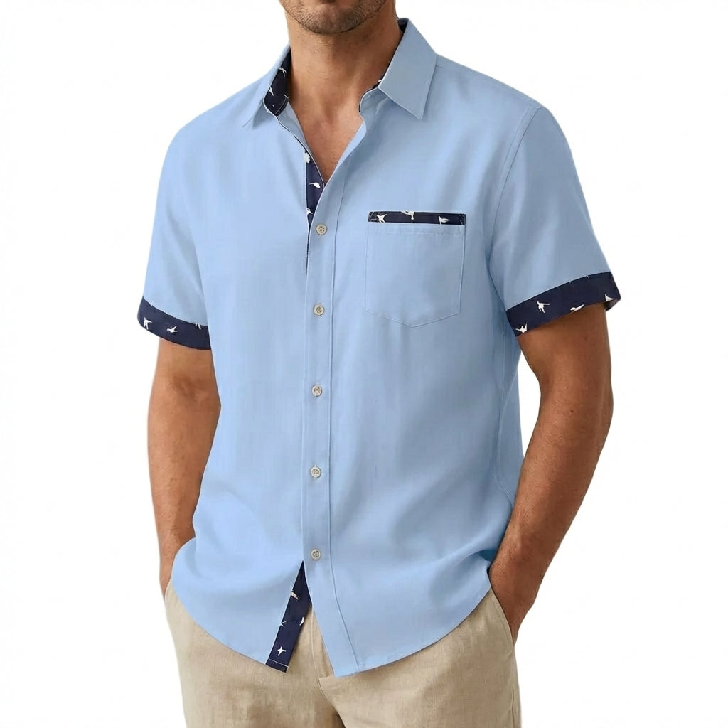 Camisa de Manga Corta para Hombre con Cuello de Solapa y Bordes Estampados