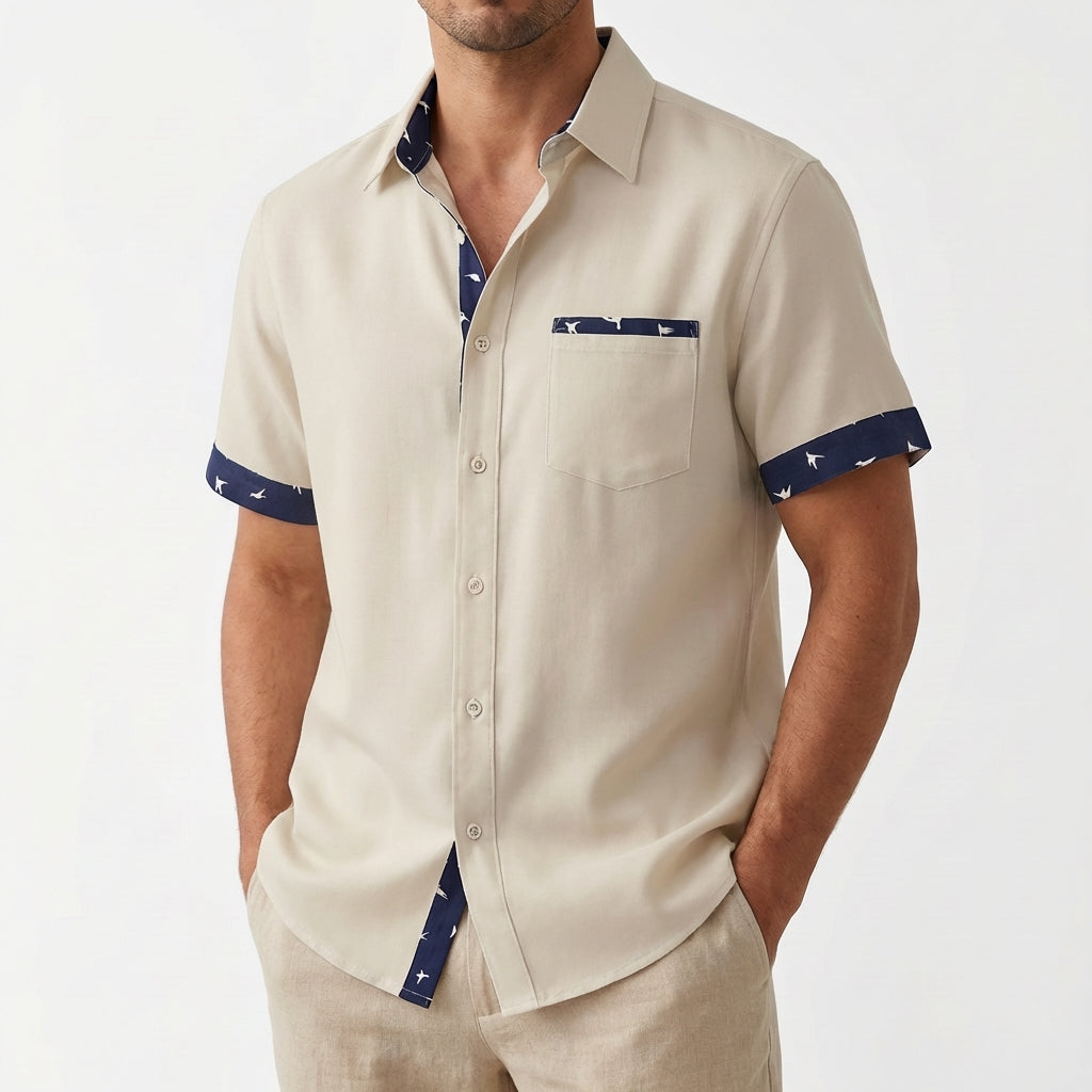 Camisa de Manga Corta para Hombre con Cuello de Solapa y Bordes Estampados