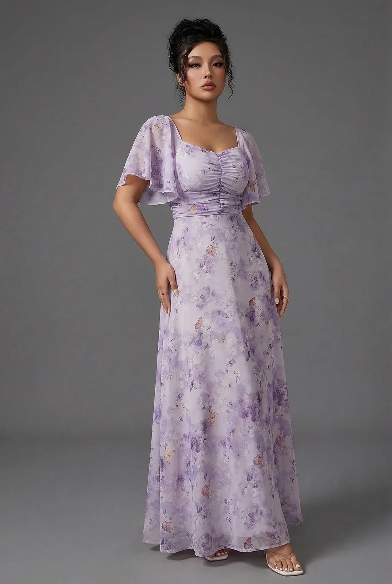 Vestido Largo de Invitada de Boda con Estampado Floral y Mangas de Volantes