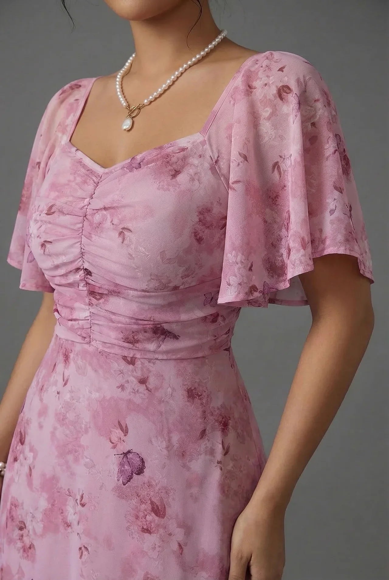 Vestido Largo de Invitada de Boda con Estampado Floral y Mangas de Volantes