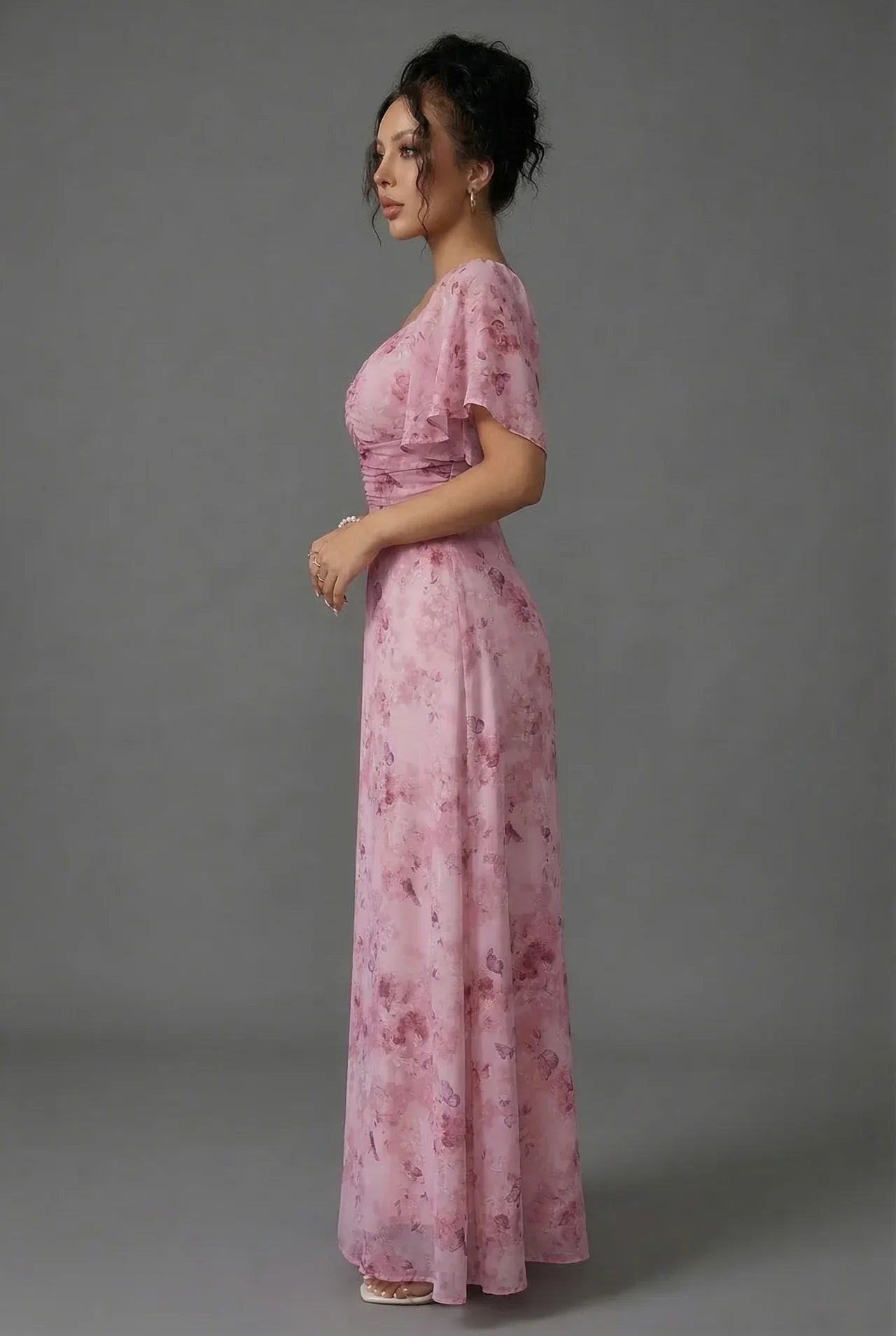 Vestido Largo de Invitada de Boda con Estampado Floral y Mangas de Volantes