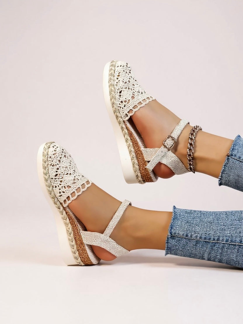 Sandalias de cuña para mujer con tira al tobillo y acabado natural - vacaciones