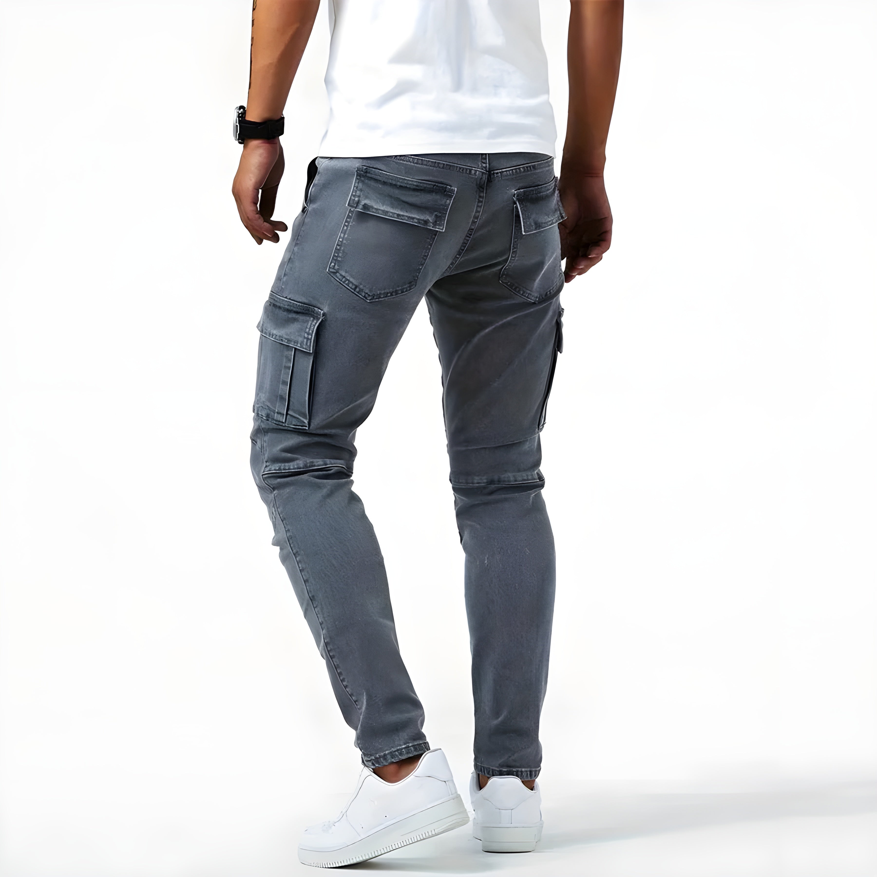 Pantaloni cargo da uomo in denim elasticizzato con tasche funzionali