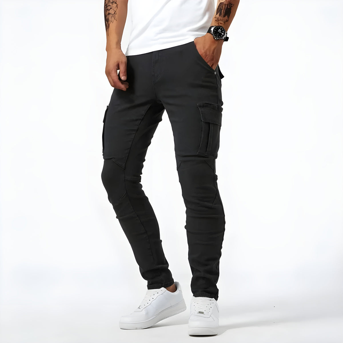 Pantaloni cargo da uomo in denim elasticizzato con tasche funzionali
