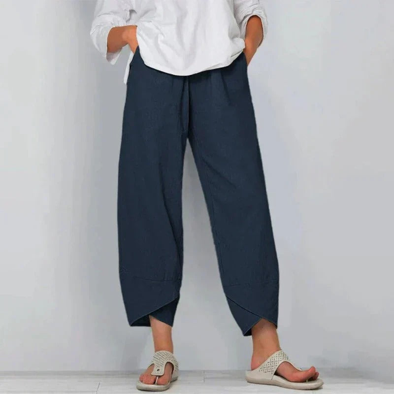 Pantalones de Lino de Pierna Ancha con Cintura Elástica y Dobladillo Cruzado
