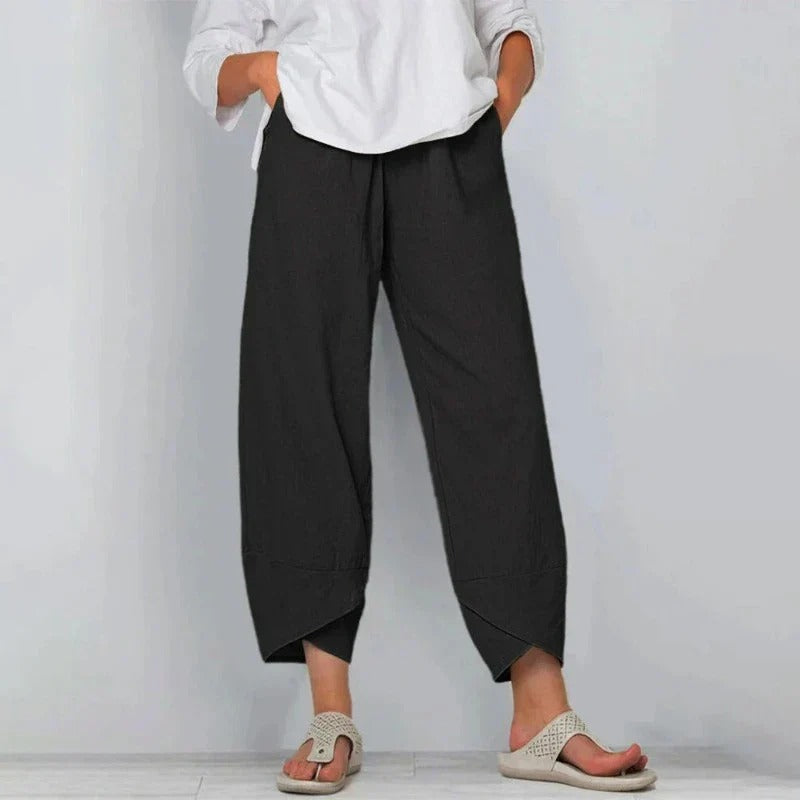 Pantalones de Lino de Pierna Ancha con Cintura Elástica y Dobladillo Cruzado