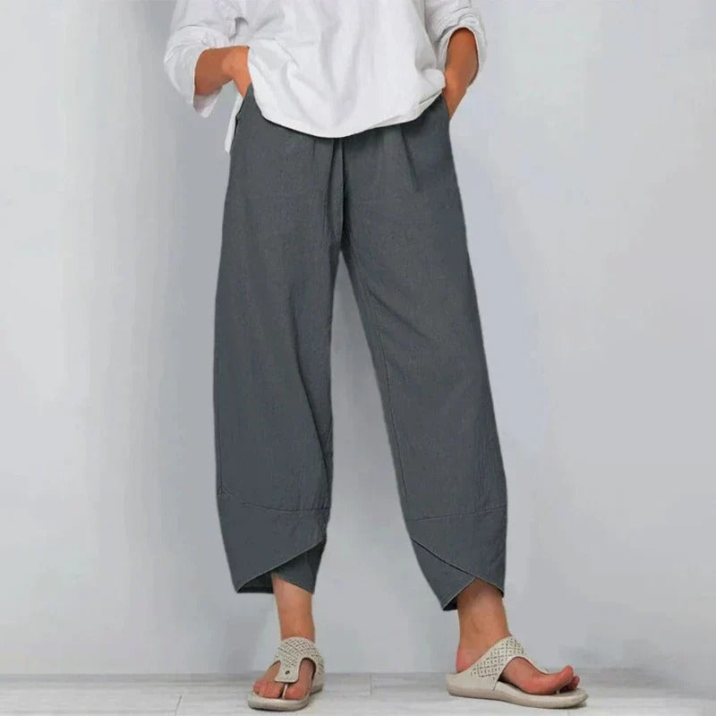 Pantalones de Lino de Pierna Ancha con Cintura Elástica y Dobladillo Cruzado