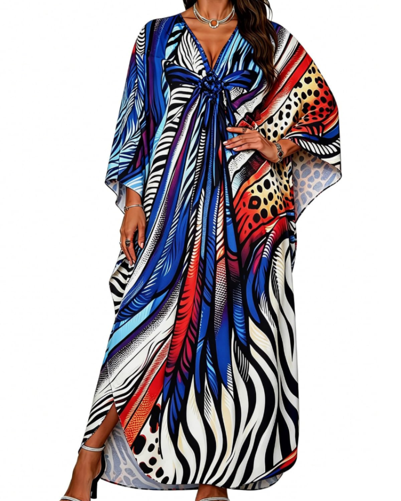 Túnica kimono bordada para mujer con cuello en V — playa