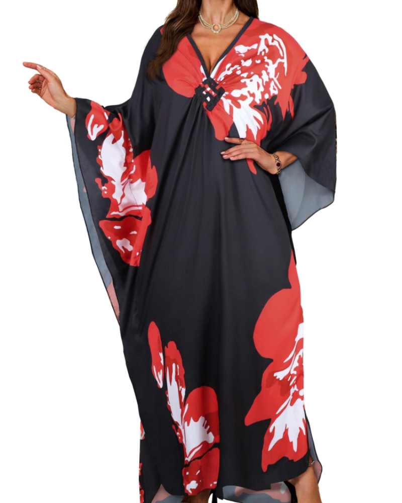 Túnica kimono bordada para mujer con cuello en V — playa