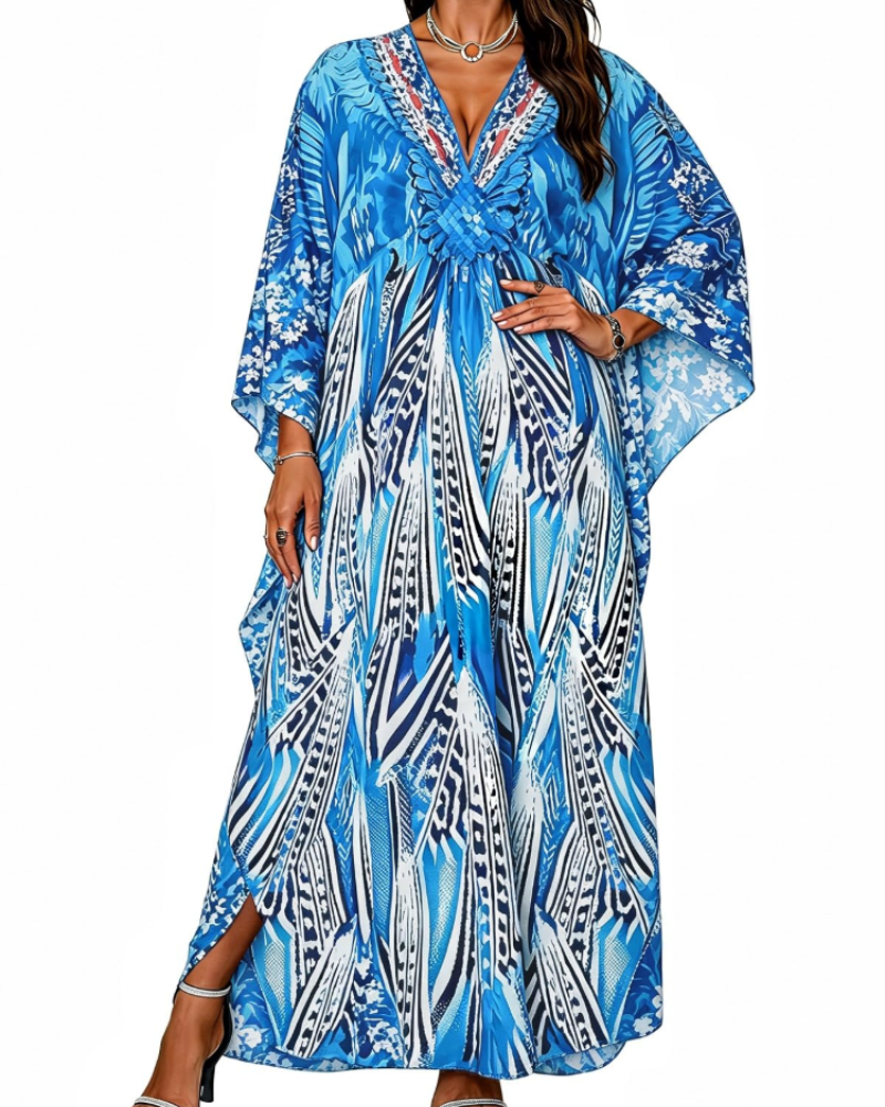 Túnica kimono bordada para mujer con cuello en V — playa