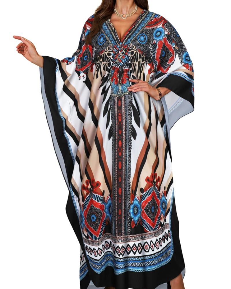 Túnica kimono bordada para mujer con cuello en V — playa