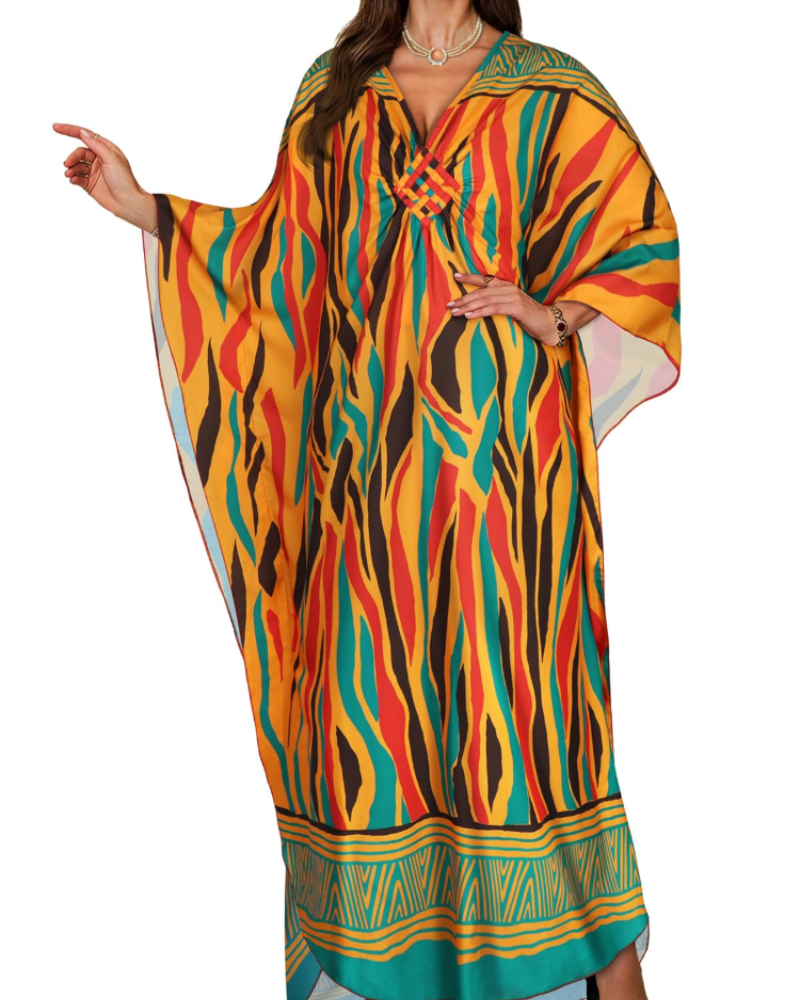 Túnica kimono bordada para mujer con cuello en V — playa