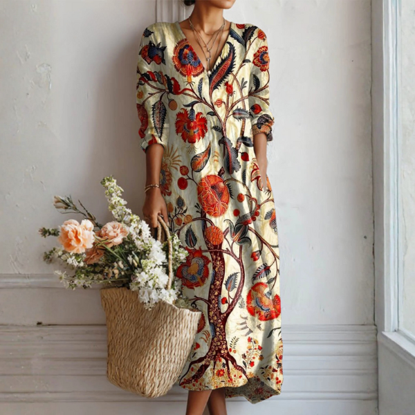 Vestido Largo de Lino para Mujer con Estampado Floral Vintage y Bolsillos