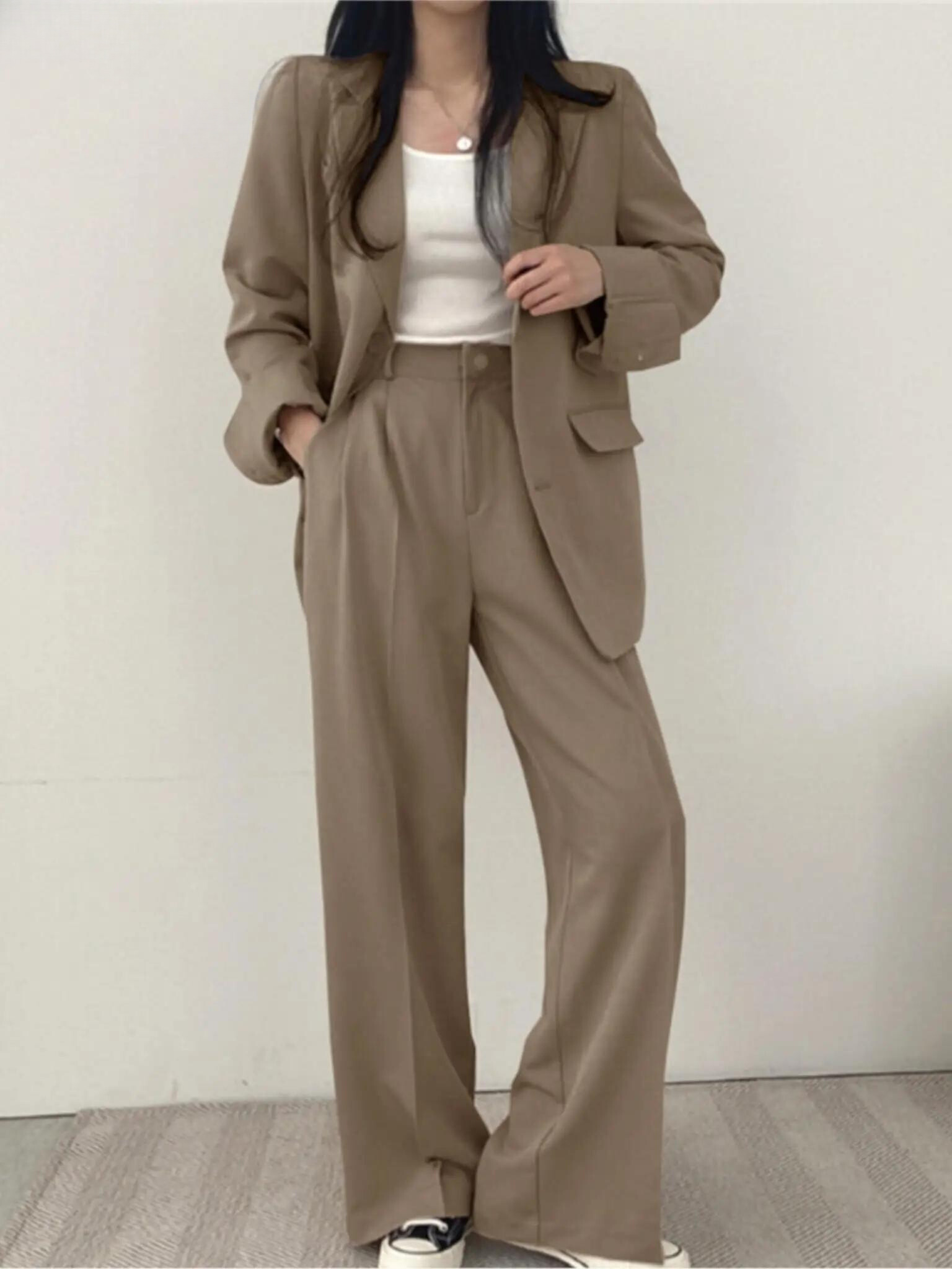 Traje de Pantalón para Mujer de Dos Piezas con Americana de Solapa y Corte Recto