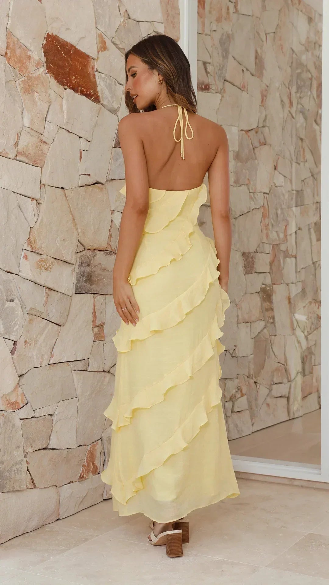 Vestido Largo de Gasa con Volantes y Cuello en V de Cintura Alta para Mujer