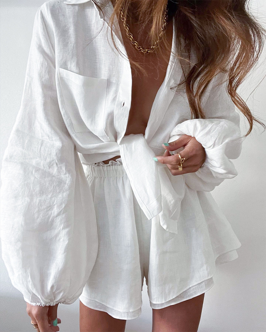 Conjunto de Dos Piezas para Mujer con Blusa de Lino y Pantalones Cortos