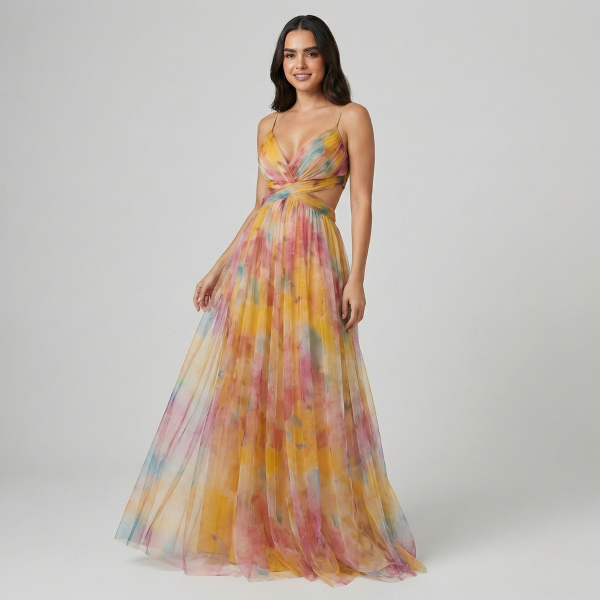 Vestido Largo Sin Mangas de Seda con Estampado Degradado y Aberturas en la Cintura