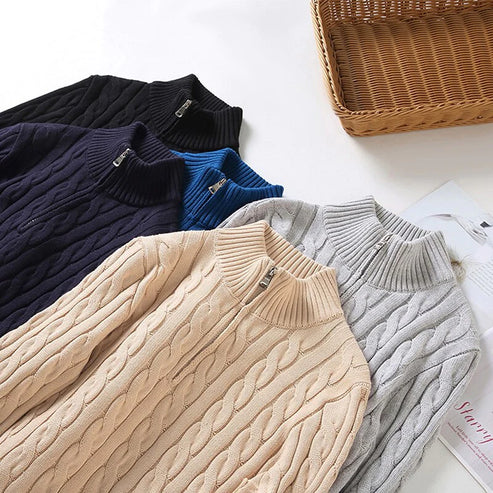 Jersey de Punto Trenzado para Hombre con Media Cremallera y Cuello Alto