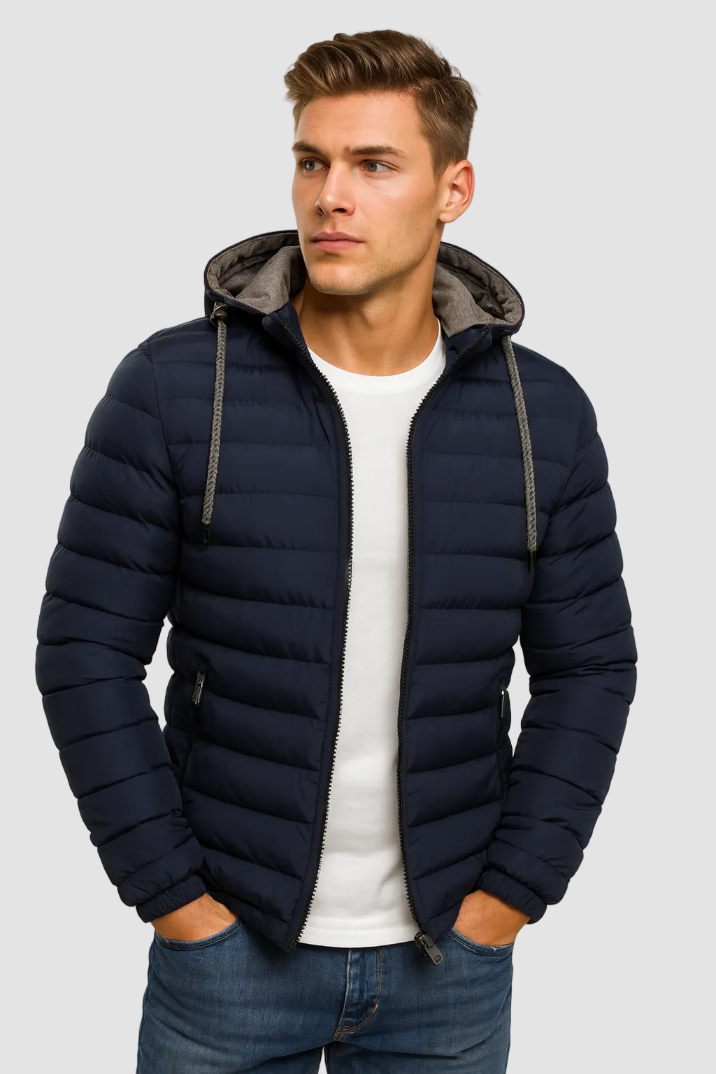 Chaqueta Acolchada Ligera para Hombre con Capucha y Cremallera
