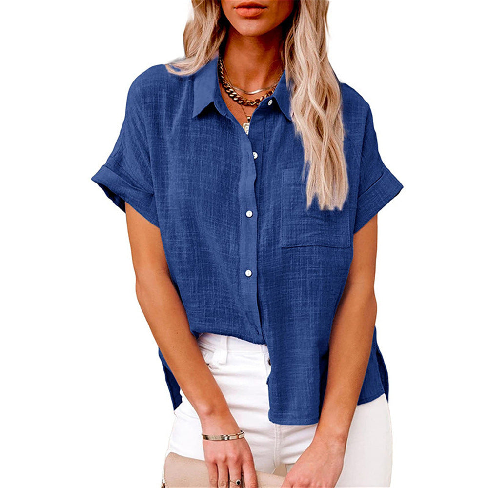 Blusa mujer lino manga corta cuello camisero ajuste relajado